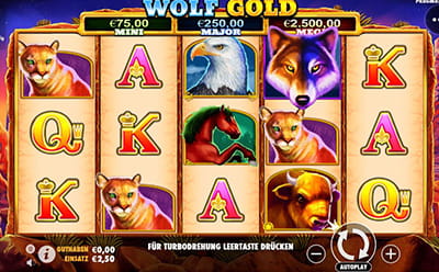 Der Startbildschirm vom Top Slot Wolf Gold.