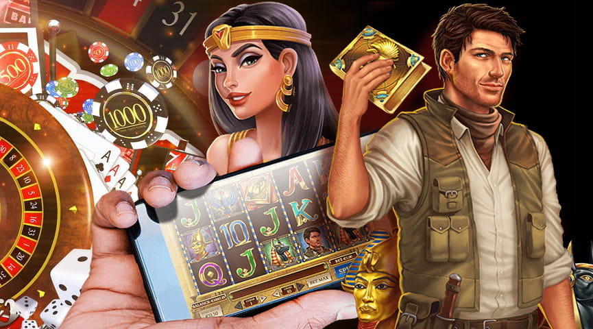 Eine Collage beliebter Casinothemen wie Spielkarten oder ein Online Slot.