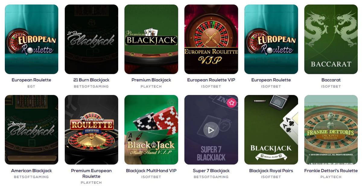 Eine kleine Auswahl von Tischspielen wie Baccarat, Roulette oder Blackjack im Wild Fortune Casino.