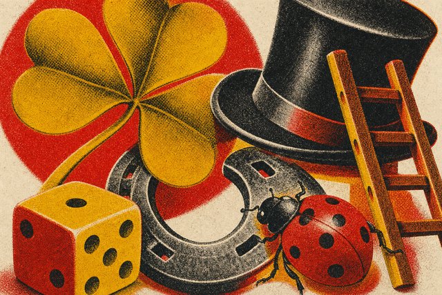 Risografie in Schwarz, Rot und Gold: Kleeblatt, Hufeisen, Zylinder des Schornsteinfegers, Marienkäfer und ein Würfel