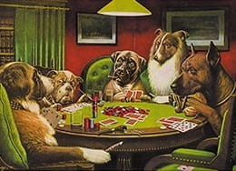 Bernhardiner blufft andere Hunde beim Pokerspiel. Der Einsatz ist hoch.