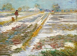 Das Gemälde "Landschaft mit Schnee" von Van Gogh zeigt das Porträt eines Mannes, der mit seinem Hund über ein weites, schneebedecktes Feld geht