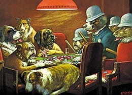 Die Hunde wurden bei einem illegalen Pokerspiels erwischt. Der Collie entkommt, während die Bulldogge verärgert ist. Er war nicht in der Lage, von der vier Assen zu profitieren.