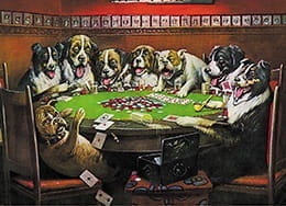 Der Sieger im Pokerspiel der Hunde bellt aufgeregt die besiegte Bulldogge an, die glaubte, dass sie das Spiel mit vier Assen gewinnen könnte. Der Rest der Hunde amüsiert sich.