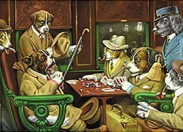 Hunde spielen Poker im Zug von Coolidge. Die Hunde sind dabei, das Spiel zu beenden, und einer von ihnen ist geschockt darüber, da er nicht mehr in der Lage ist, seine vier Asse zu spielen, während sein Stapel Chips stark abgenommen hatte.