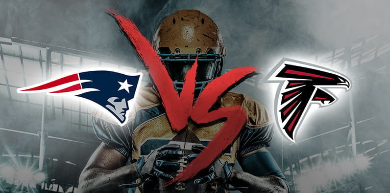 Die New England Patriots gegen das Atlanta Falcons Team Emblem