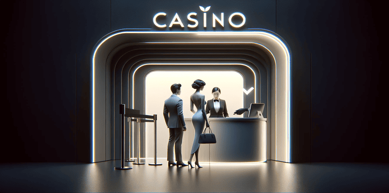 Ein Mann und eine Frau melden sich im Casino an.  