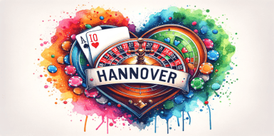 Herz mit Glücksspielelementen und einem Schriftzum mit dem Namen der Stadt Hannover.