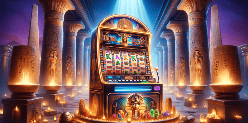 Der Spielautomat Book of Ra in einer ägyptischen Tempelhalle.