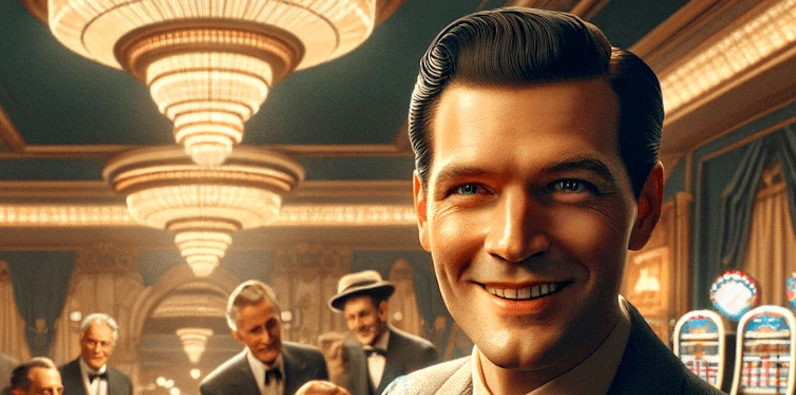 Mr. Lucky, die Hauptfigur des Films, in einem Casino am Grinsen.