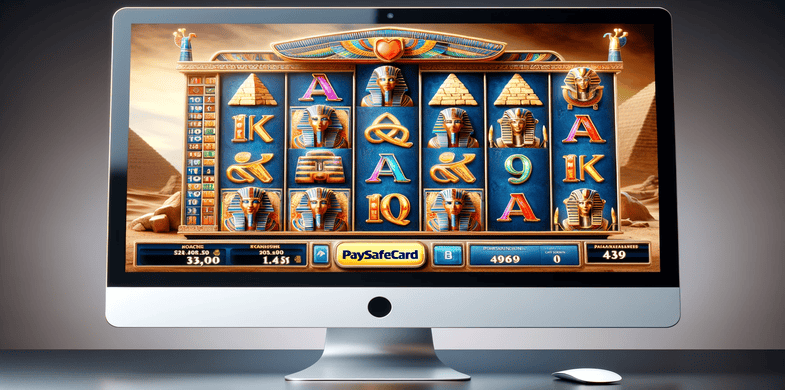 Computerbildschirm, auf dem ein paysafecard Casino mit Book of Ra zu sehen ist.