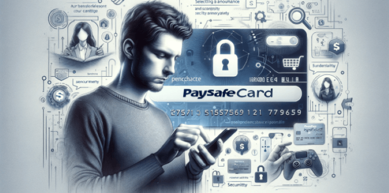 Ein junger Mann hat sein Handy in der Hand und ein paysafecard Logo ist im Hintergrund.