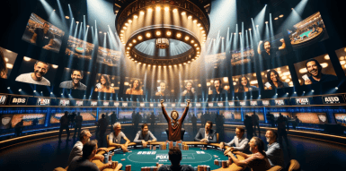 Ein Pokertisch in der Mitte des Saals mit lachenden Spielern.