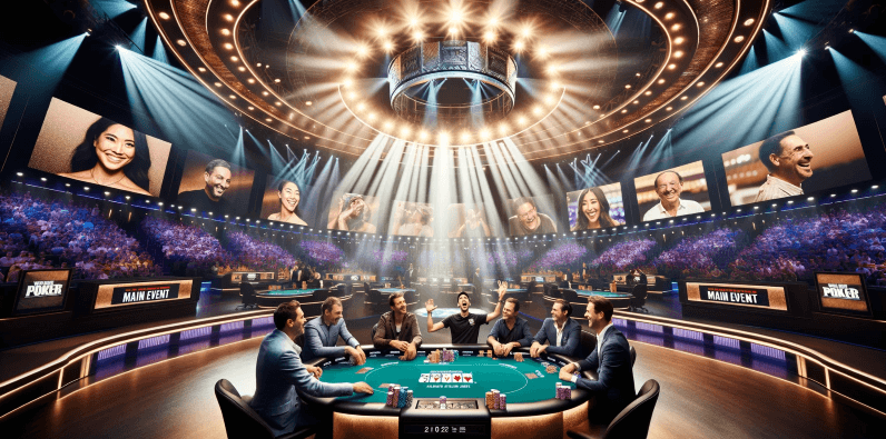 Ein Pokertisch in der Mitte des Saals mit glücklichen Spielern.