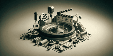 Ein Roulettekessel inmitten einer Regieklappe, einem Mikrofon und weiteren Film- und Musikelementen.