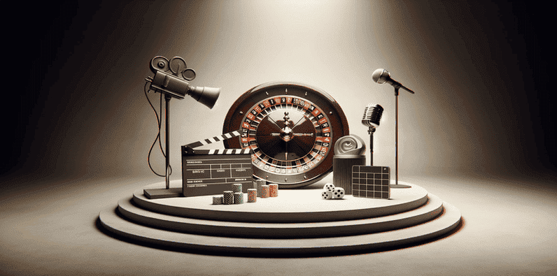 Ein Roulettekessel auf einer Bühne umgeben von Utensilien aus der Glücksspiel- und Filmbranche.