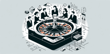 Eine Gruppe Personen sitzt um einen Roulettekessel, daneben Zahlen und Formen.