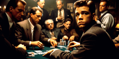  Einige Männer sitzen am Pokertisch. Einer davon schaut zurück.