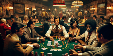 Einige Spieler und der Geber an einem Kartentisch in einem Casino.