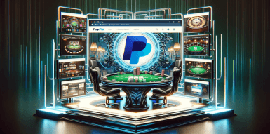 Ein Pokertisch vor einem großen Bildschirm, auf welchem das PayPal-Logo zusehen ist.